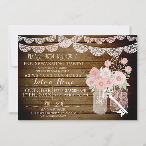 Lace Mason Jar Wood Housewarming Invite Zazzle