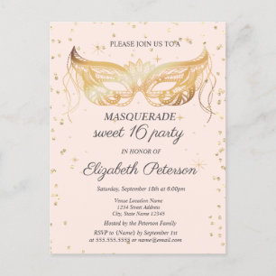 Lace Masque Gold Diamonds Sweet 16 Invitation Postcard