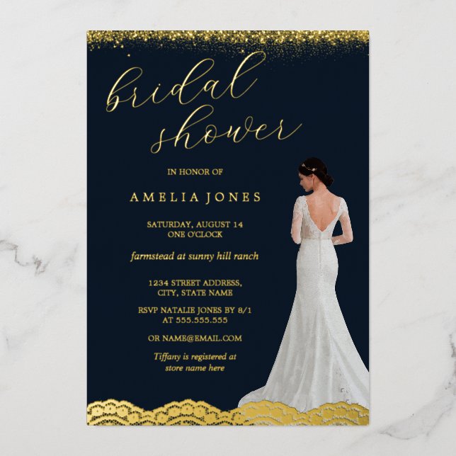 Lace Navy Gold Bride Dress Bridal Shower   Foil Invitation (Front)