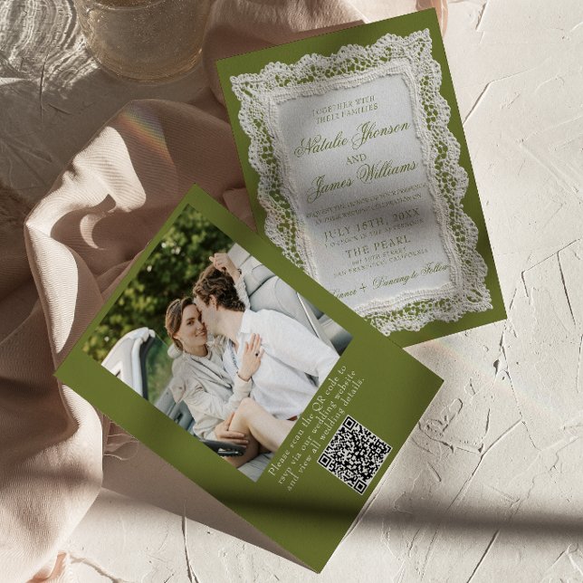 Lace Olive Green Old Money Photo QR Code Wedding  Invitation (Creator Uploaded)