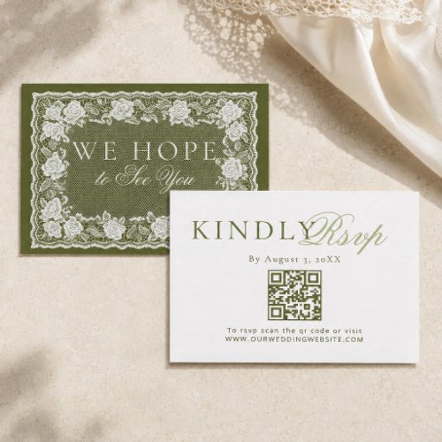 Lace Olive Green Old Money Wedding QR Code RSVP Card