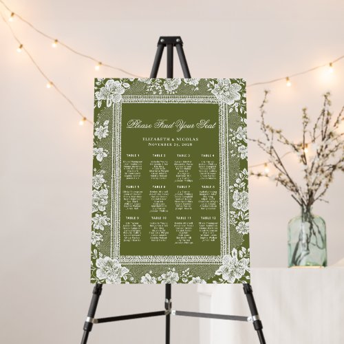 Lace Olive Green Old Money Wedding Seating Chart Foam Board
