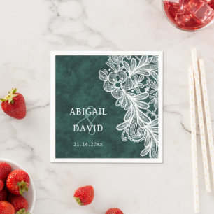 Lace on Emerald Green Faux Velvet Wedding Napkins