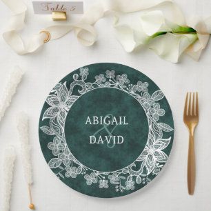 Lace on Emerald Green Faux Velvet Wedding Paper Plates