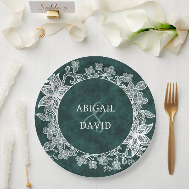Lace on Emerald Green Faux Velvet Wedding Paper Plates (Wedding)