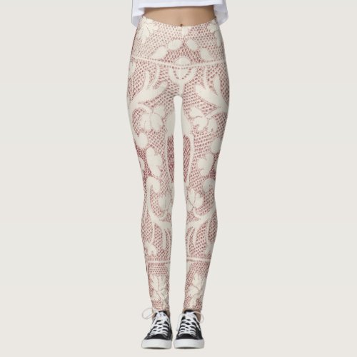 lace pattern vintage etching pink and white leggings