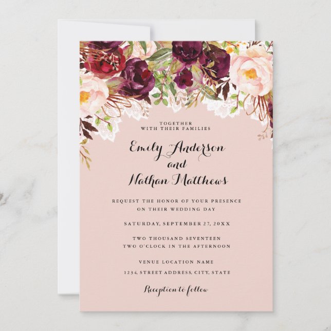 Lace Peach Burgundy Floral Wedding Invite (Front)