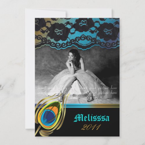 Lace Peacock Grad Announcement Zebra Blue Gold