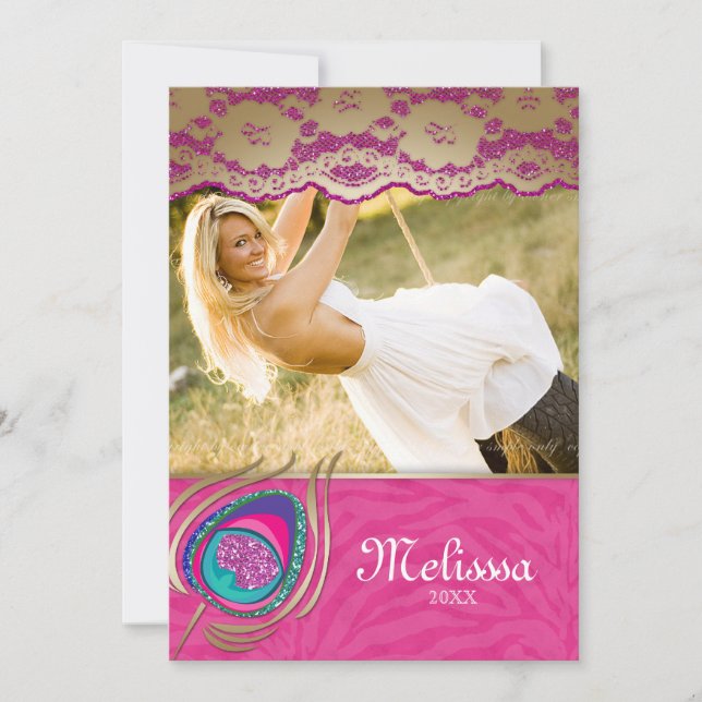 Lace Peacock Grad Announcement Zebra Pink (Front)