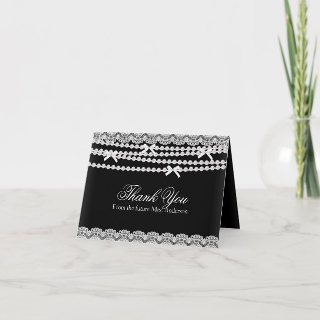 Lace Pearl Black Bridal Shower Thank You Card (Front)