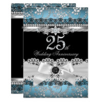 Lace & Pearl Bow Silver Blue 25th Anniversary Invitation