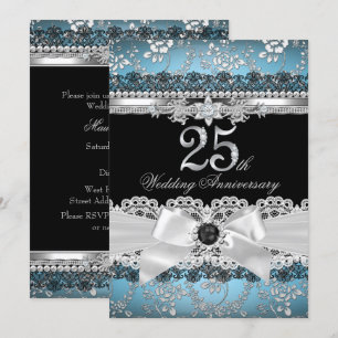 Lace & Pearl Bow Silver Blue 25th Anniversary Invitation