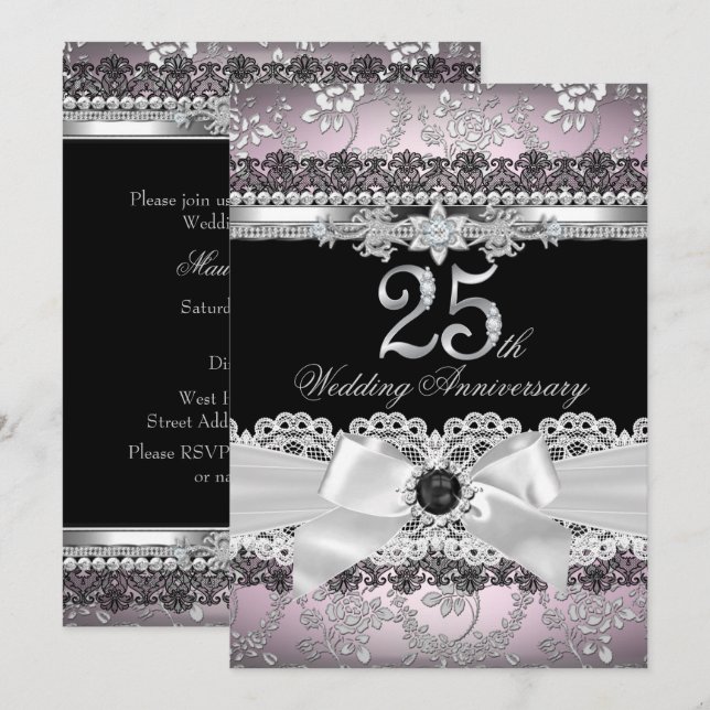 Lace & Pearl Bow Silver Pink 25th Anniversary Invitation (Front/Back)