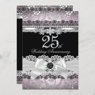 Lace & Pearl Bow Silver Pink 25th Anniversary Invitation