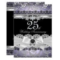 Lace Pearl Bow Silver Purple 25th Anniversary Invitation