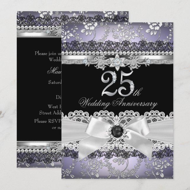 Lace Pearl Bow Silver Purple 25th Anniversary Invitation (Front/Back)