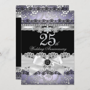 Lace Pearl Bow Silver Purple 25th Anniversary Invitation