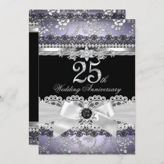 Lace Pearl Bow Silver Purple 25th Anniversary Invitation