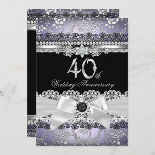 Lace Pearl Bow Silver Purple 40th Anniversary Invitation