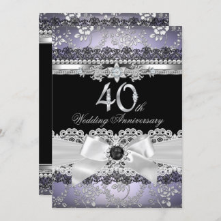 Lace Pearl Bow Silver Purple 40th Anniversary Invitation