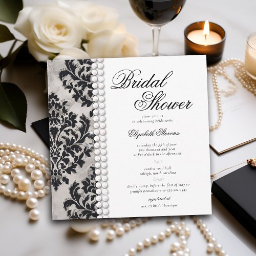 Lace Pearl Damask Black White Formal Bridal Shower Invitation