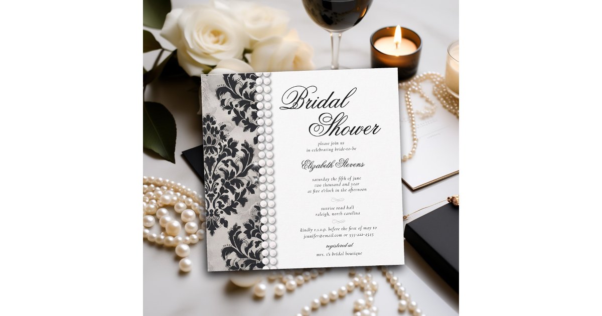 Lace Pearl Damask Black White Formal Bridal Shower Invitation | Zazzle