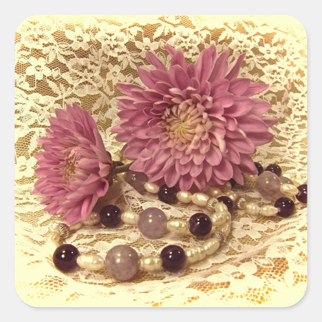 Lace, Pearls and Mums Square Sticker (Front)