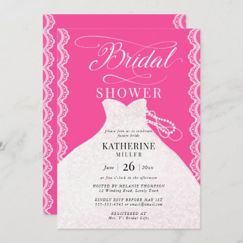 Lace Pearls Bridal Dress Bold Pink Bridal Shower Invitation