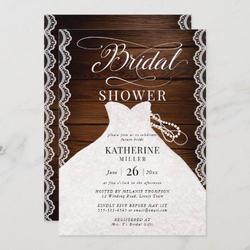 Lace Pearls Bridal Dress Rustic Wood Bridal Shower Invitation