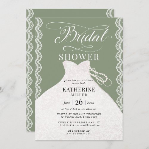 Lace Pearls Bridal Dress Sage Green Bridal Shower Invitation