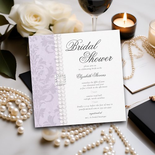 Lace Pearls Damask Lavender Elegant Bridal Shower Invitation