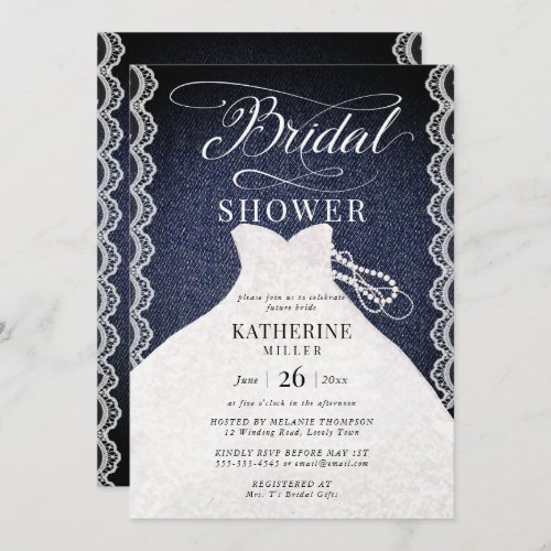 Lace Pearls Denim Bridal Dress Chic Bridal Shower Invitation