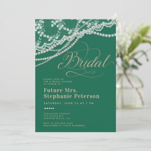 Lace Pearls Diamonds Emerald Gold Bridal Shower Invitation