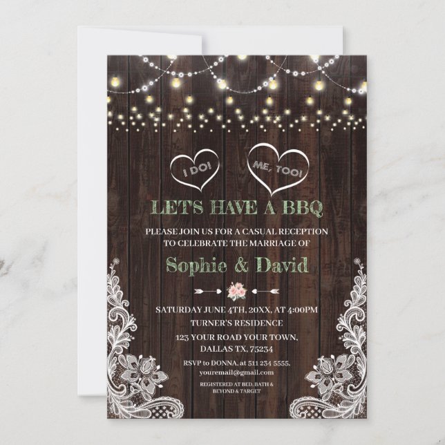 Lace Pink Blush Floral String Lights Barn I DO BBQ Invitation (Front)
