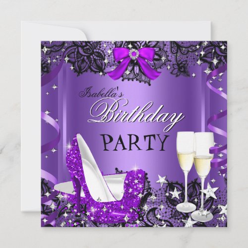 Lace Purple High Heel Champagne Birthday Party Invitation