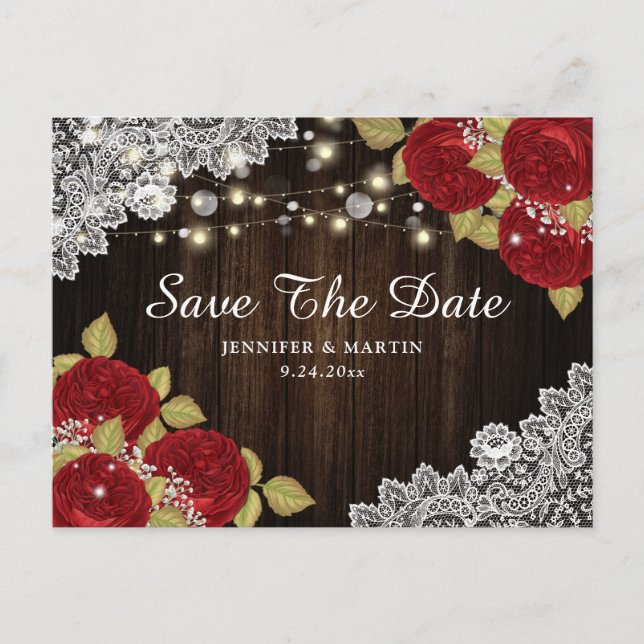 Lace Red Floral Wedding Save The Date Postcards (Front)