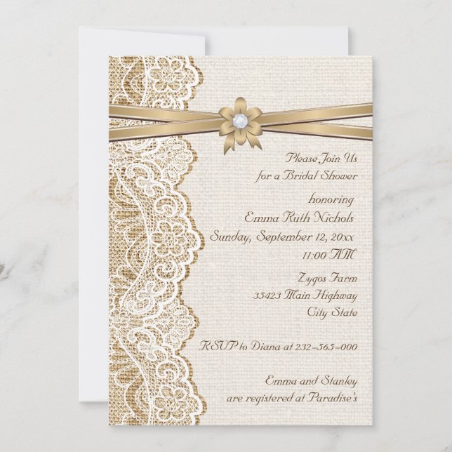 Lace, ribbon flower & burlap wedding bridal shower invitation (Front)
