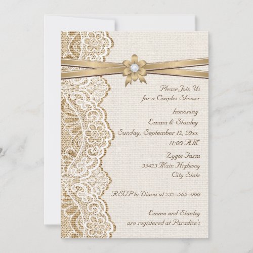 Lace ribbon flower &amp; burlap wedding couples shower personalized invite