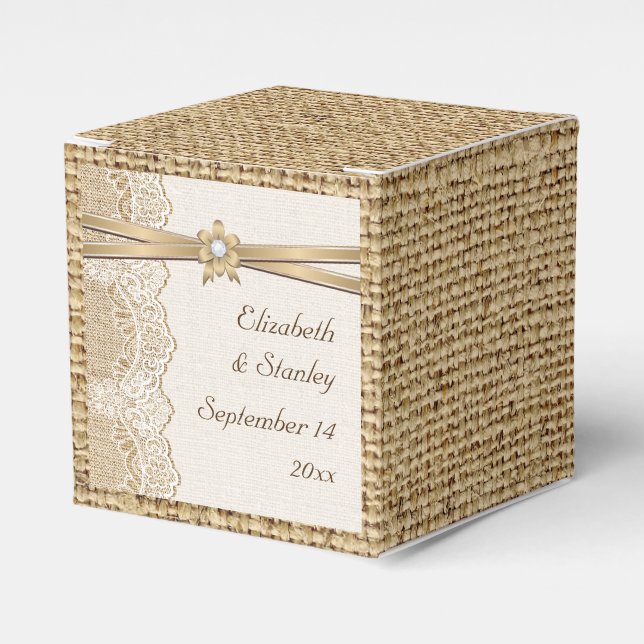 Lace, ribbon flower & burlap wedding favor boxes (Front Side)