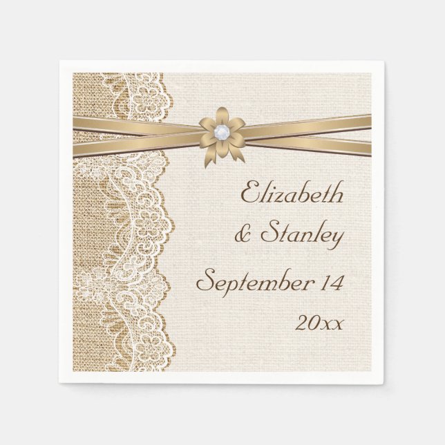 Lace, ribbon flower & burlap wedding paper napkins (Front)
