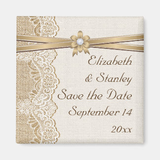Lace, ribbon flower & burlap wedding Save the Date Magnet