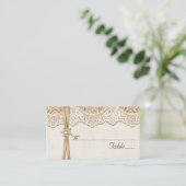 Lace, ribbon & flower on burlap wedding place card (Standing Front)