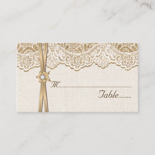 Lace, ribbon &amp; flower on burlap wedding place card business card