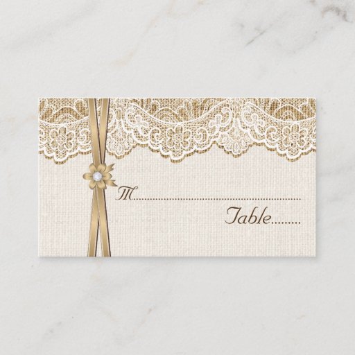 Customizable Lace, ribbon &amp; flower on burlap wedding place card business card