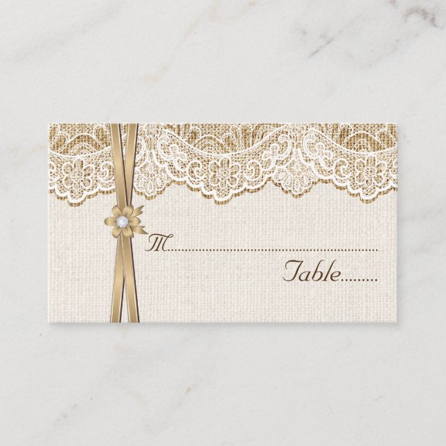 Lace, ribbon & flower on burlap wedding place card (Front)