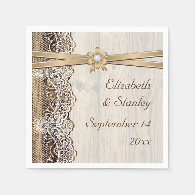 Lace, ribbon flower on wood wedding napkins (Front)