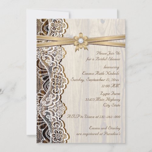 Lace, ribbon flower &amp; wood wedding bridal shower invites