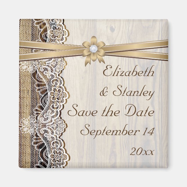 Lace, ribbon flower & wood wedding Save the Date Magnet (Front)