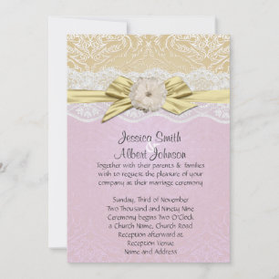 Lace Ribbon Gold/Lavender Damask Wedding Invite