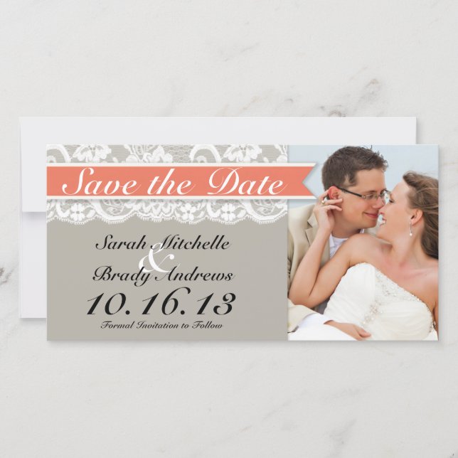 Lace Ribbon Gray and Coral Save the Date (Front)